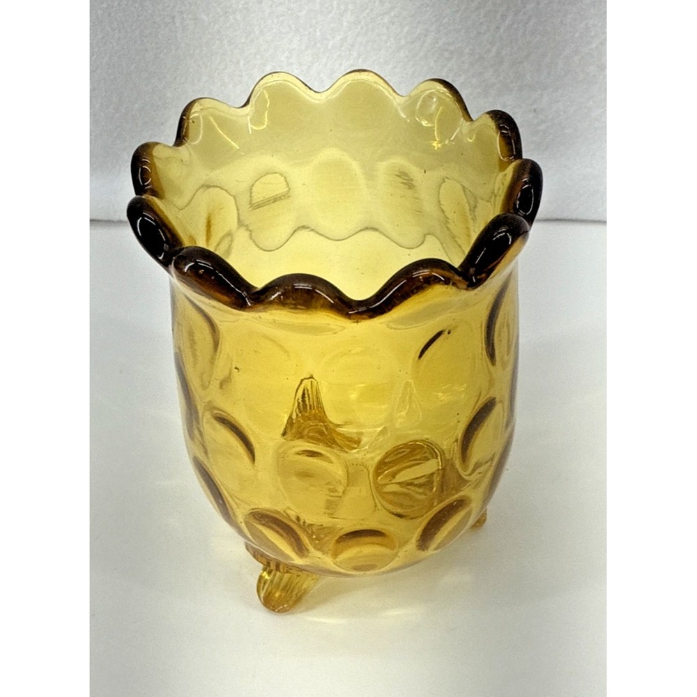 Vintage Handblown Amber Glass Vase Hobnail Bulbous Feet Ruffled Rim - Picture 5 of 7